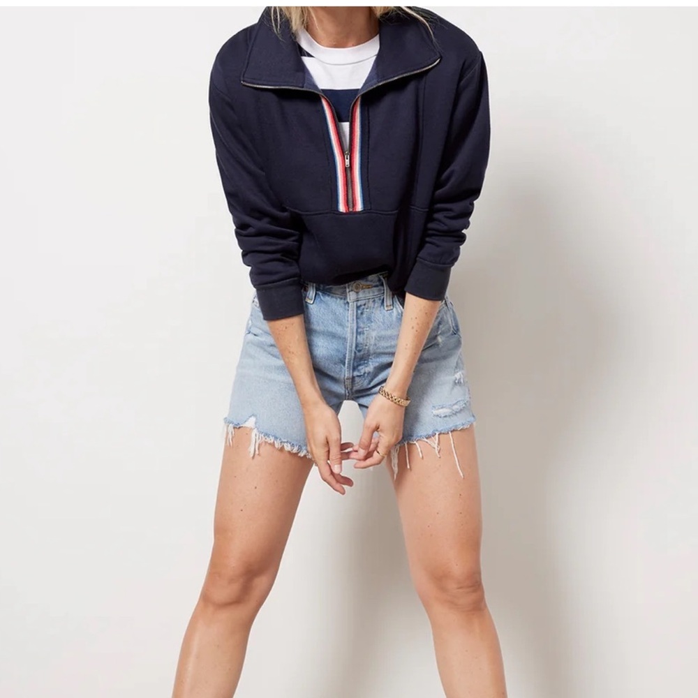 Evereve Chelsea Half Zip Long Sleeve Navy Blue Rainbow Zip Sweatshirt Small - Picture 2 of 14